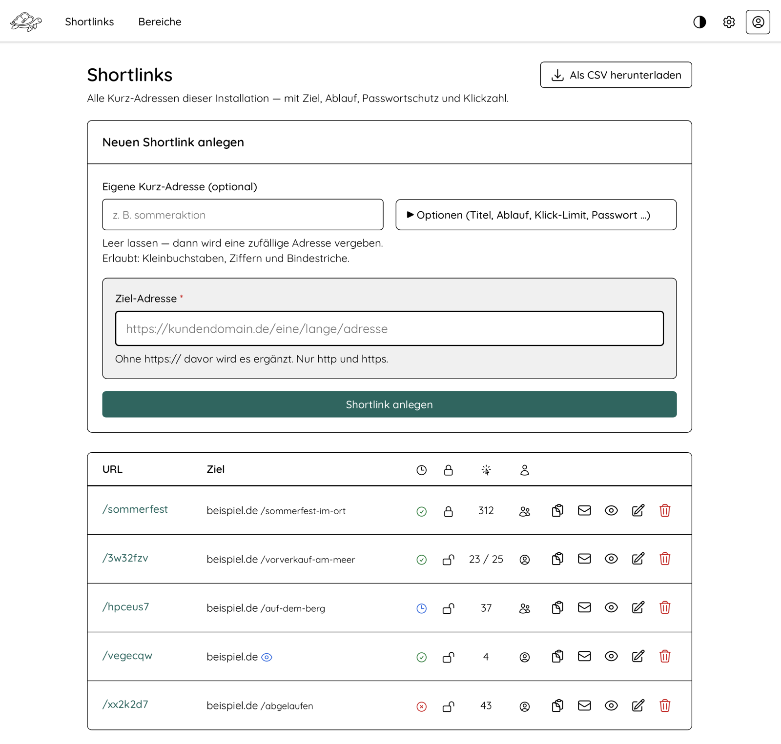 Die Übersicht von Shortlink: oben die Maske zum Anlegen eines Kurzlinks, darunter die Liste der vorhandenen Adressen.