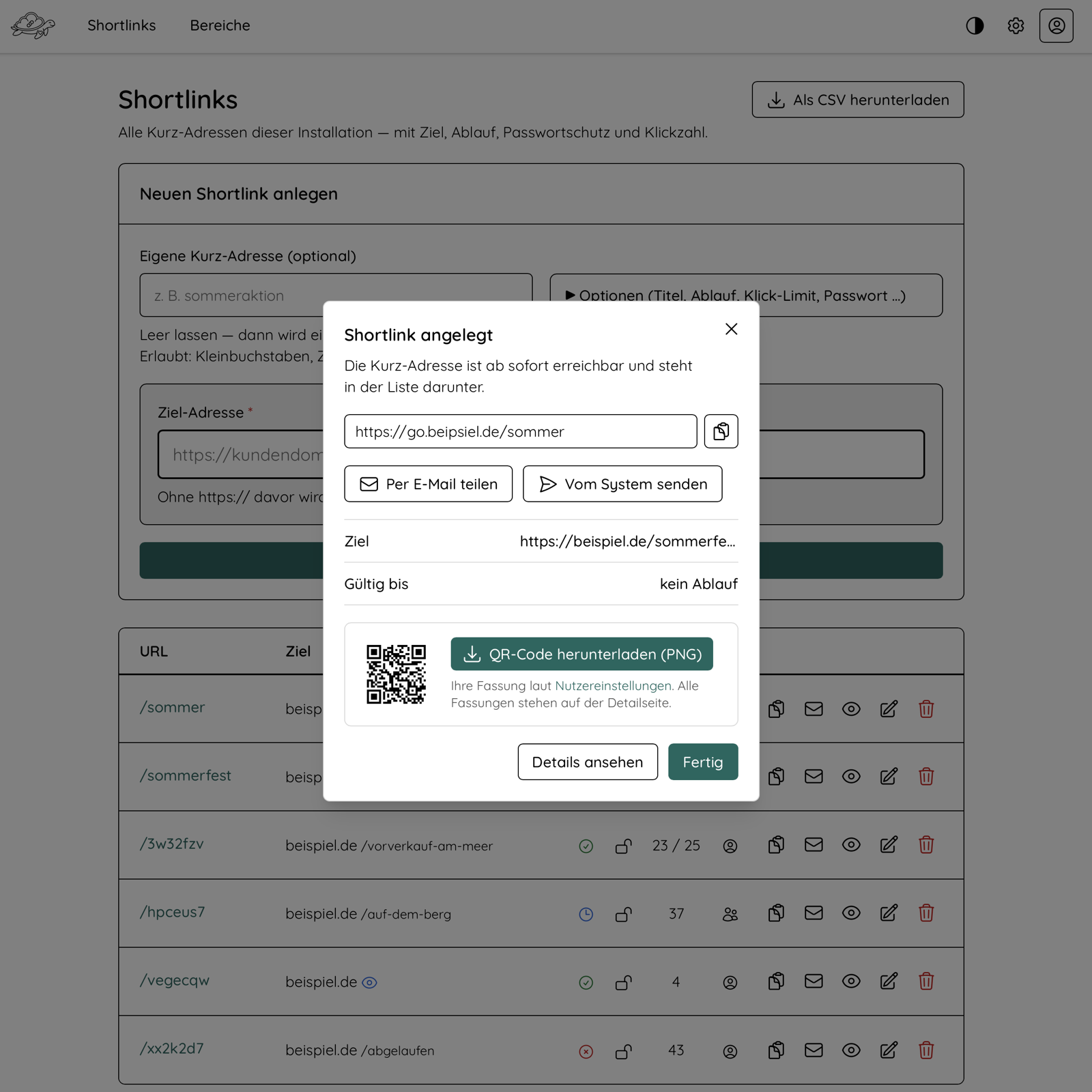 Das Fenster nach dem Anlegen: der fertige Kurzlink zum Kopieren, daneben ein QR-Code zum Herunterladen.