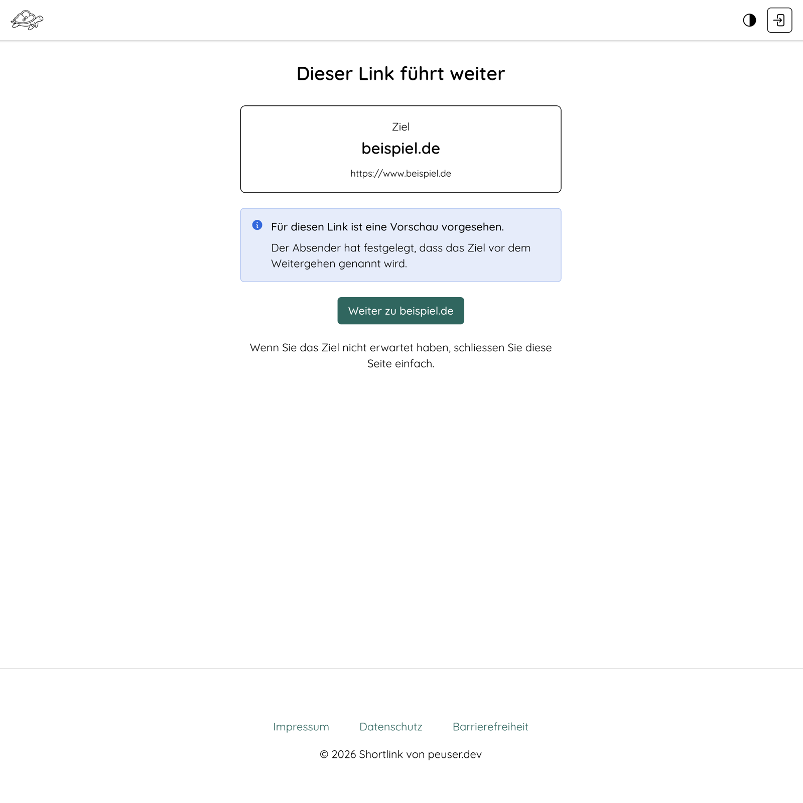 Die Vorschauseite aus Besuchersicht: Das Ziel steht im Klartext, darunter ein Knopf zum Weitergehen.